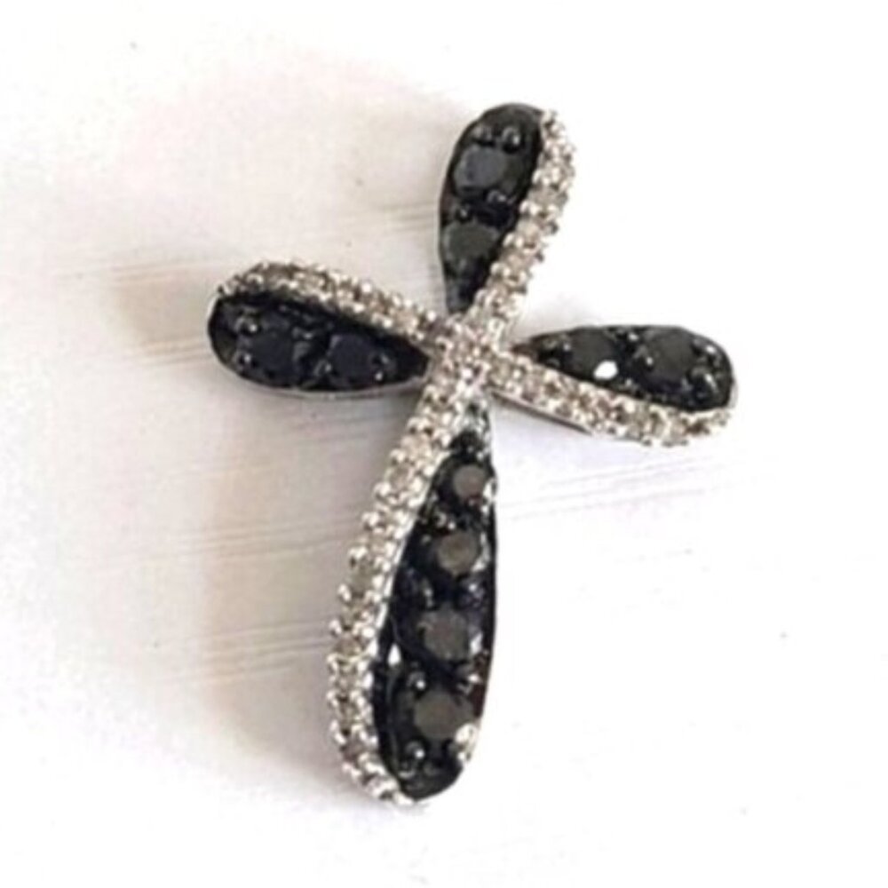 Vintage 10K Luxury White Gold Black White Clear Diamond Crystal Cross Pendant